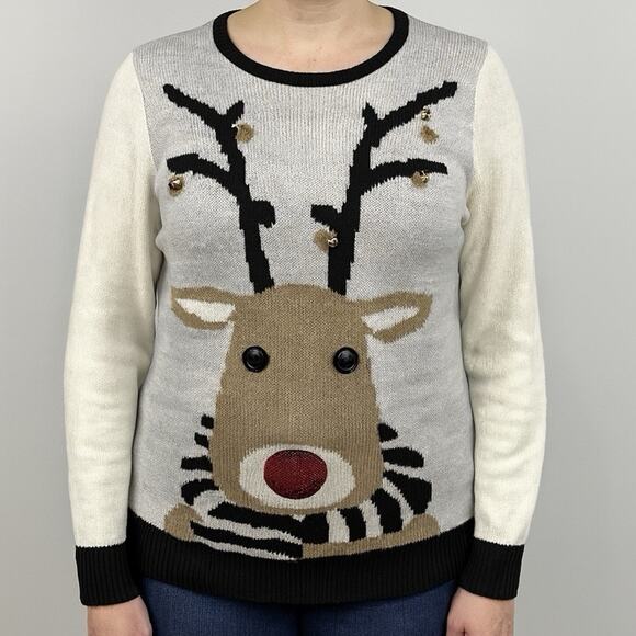Reindeer Christmas Holiday Ugly Sweater with Jingle Bells Cream Black Size Lg - Picture 2 of 14